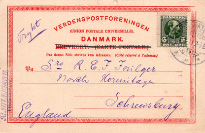 Vintage Danish postal card with red border and postage stamp, addressed to Schleswig, Germany.