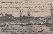 Load image into Gallery viewer, Vintage postcard with a scenic view of a harbor and handwritten text.

