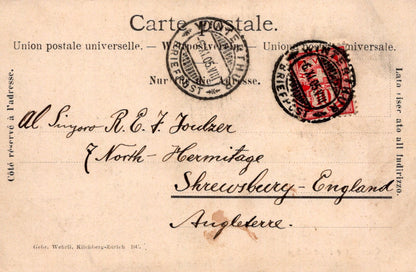 Vintage postcard with stamps and text, addressed to Shrewsbury, England