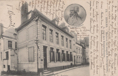 Vintage postcard with a building and portrait, featuring text and a circular image of a person.