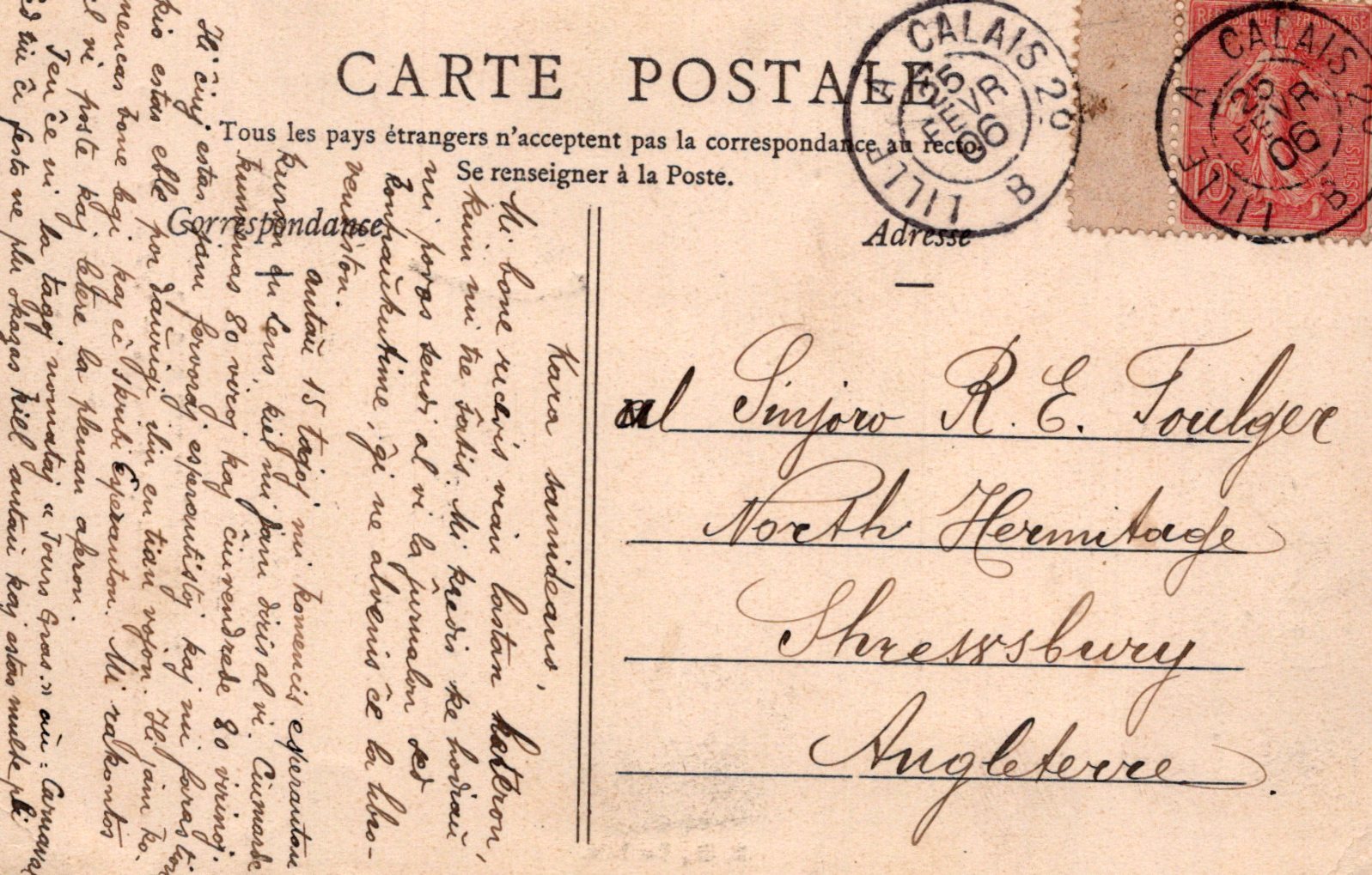 Vintage postcard with text and stamps, featuring a sender's address in English.