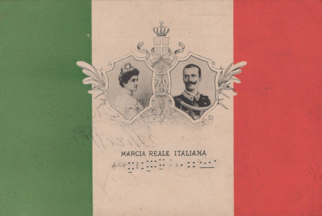 Italian flag with a portrait of a couple and text on a white background