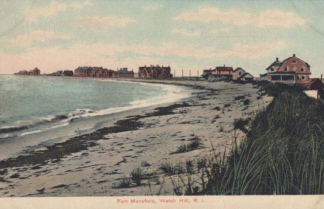 Vintage-style image of a beach scene with houses along the shoreline.
