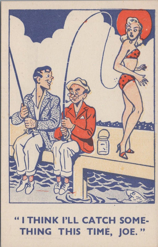 Comic Postcard - Fishing, Catch, Men, Lady in Swimsuit   XT365