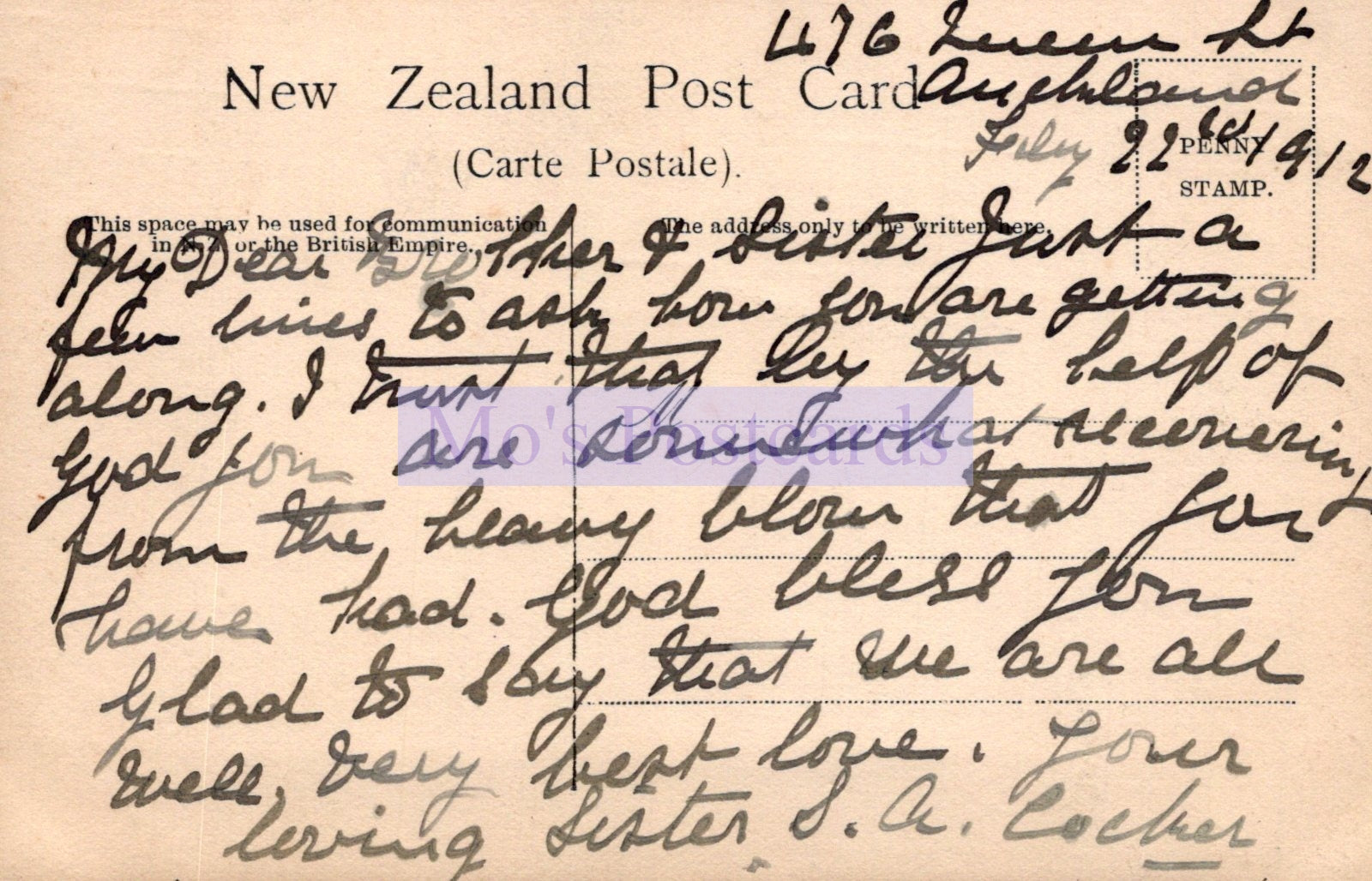 Vintage New Zealand postcard with handwritten text and stamps