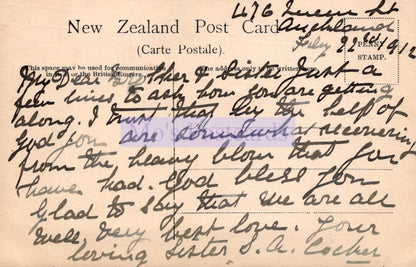 Vintage New Zealand postcard with handwritten text and stamps