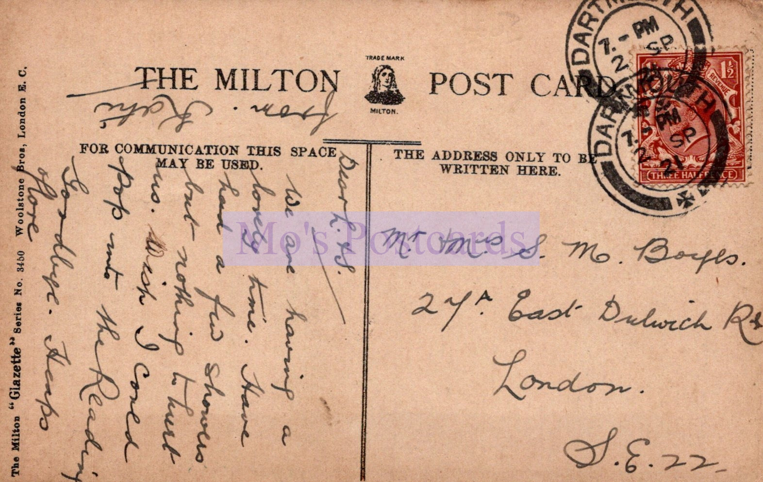 Vintage postcard with text and stamps, featuring 'The Milton' branding.