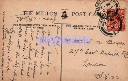 Vintage postcard with text and stamps, featuring 'The Milton' branding.