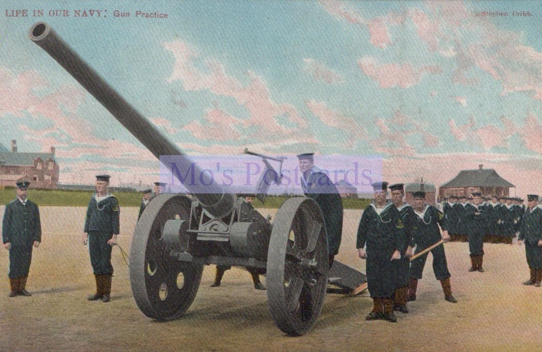 Vintage postcard of a naval gun practice scene with soldiers and a large cannon.