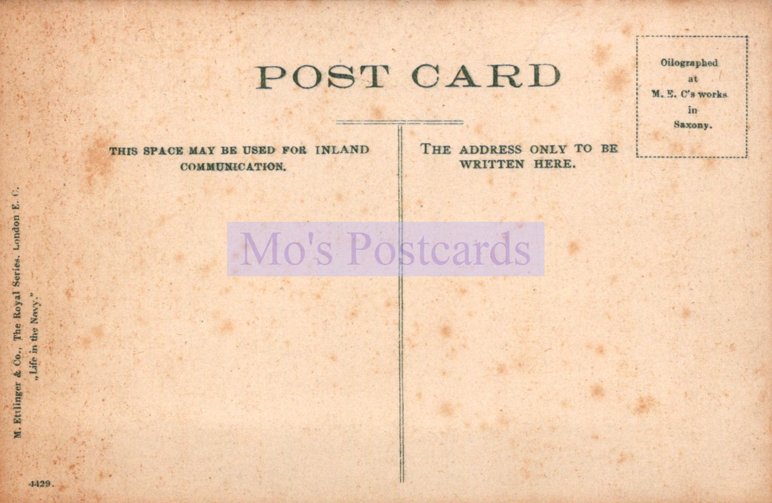 Vintage postcard with text and 'Mo's Postcards' branding