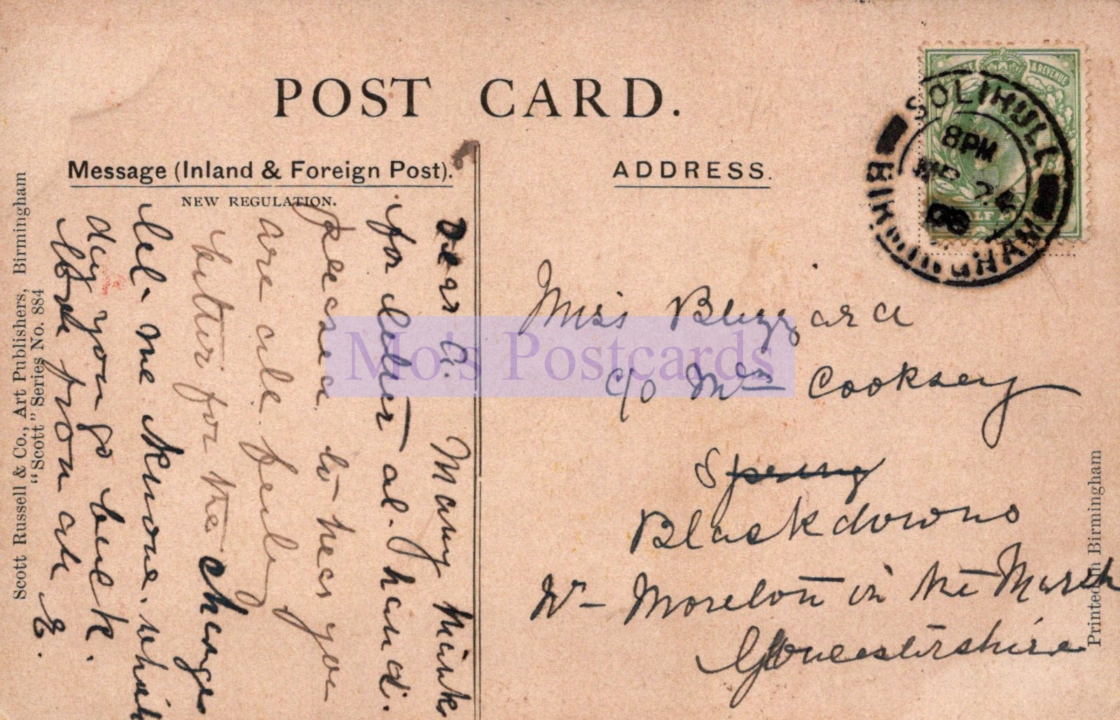 Vintage postcard with text and a stamp, featuring the brand 'Nostalgic Postcards'.