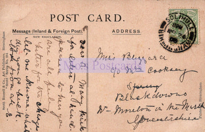 Vintage postcard with text and a stamp, featuring the brand 'Nostalgic Postcards'.