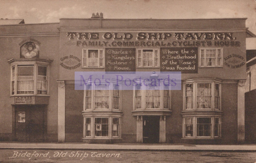 Vintage black and white photo of 'The Old Ship Tavern' building with text on the facade.