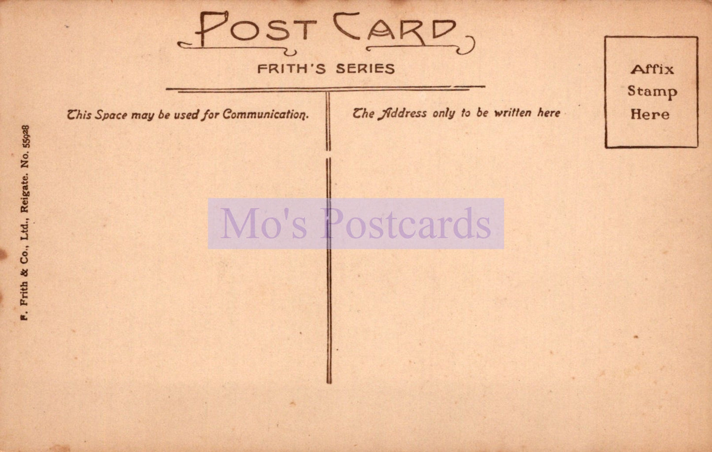 Vintage postcard with text and a line for writing, featuring 'Mo's Postcards' branding.