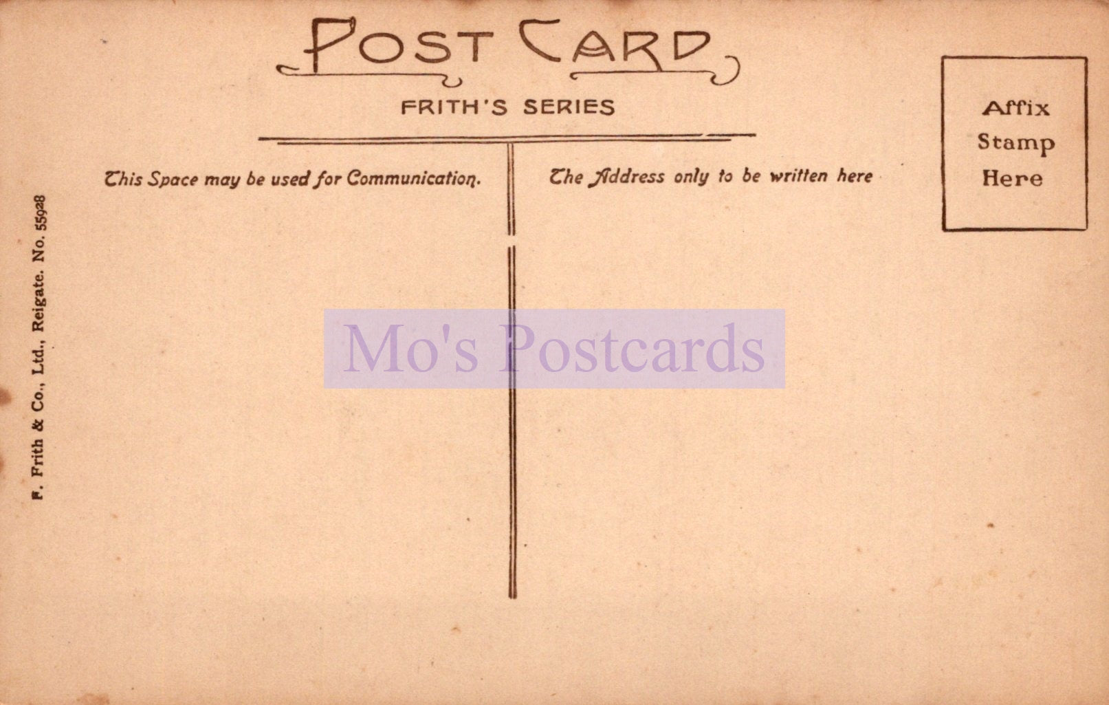Vintage postcard with text and a line for writing, featuring 'Mo's Postcards' branding.