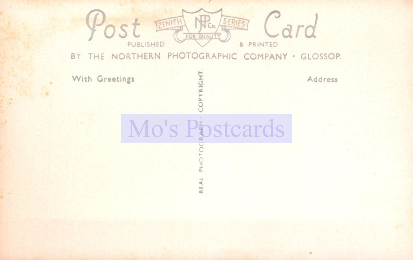Vintage-style postcard with 'Mo's Postcards' branding on a soft gradient background