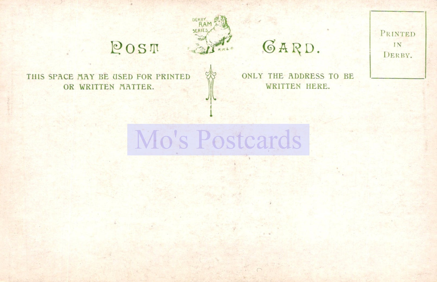 Vintage-style postcard with text and a logo, featuring the brand 'Mo's Postcards'.