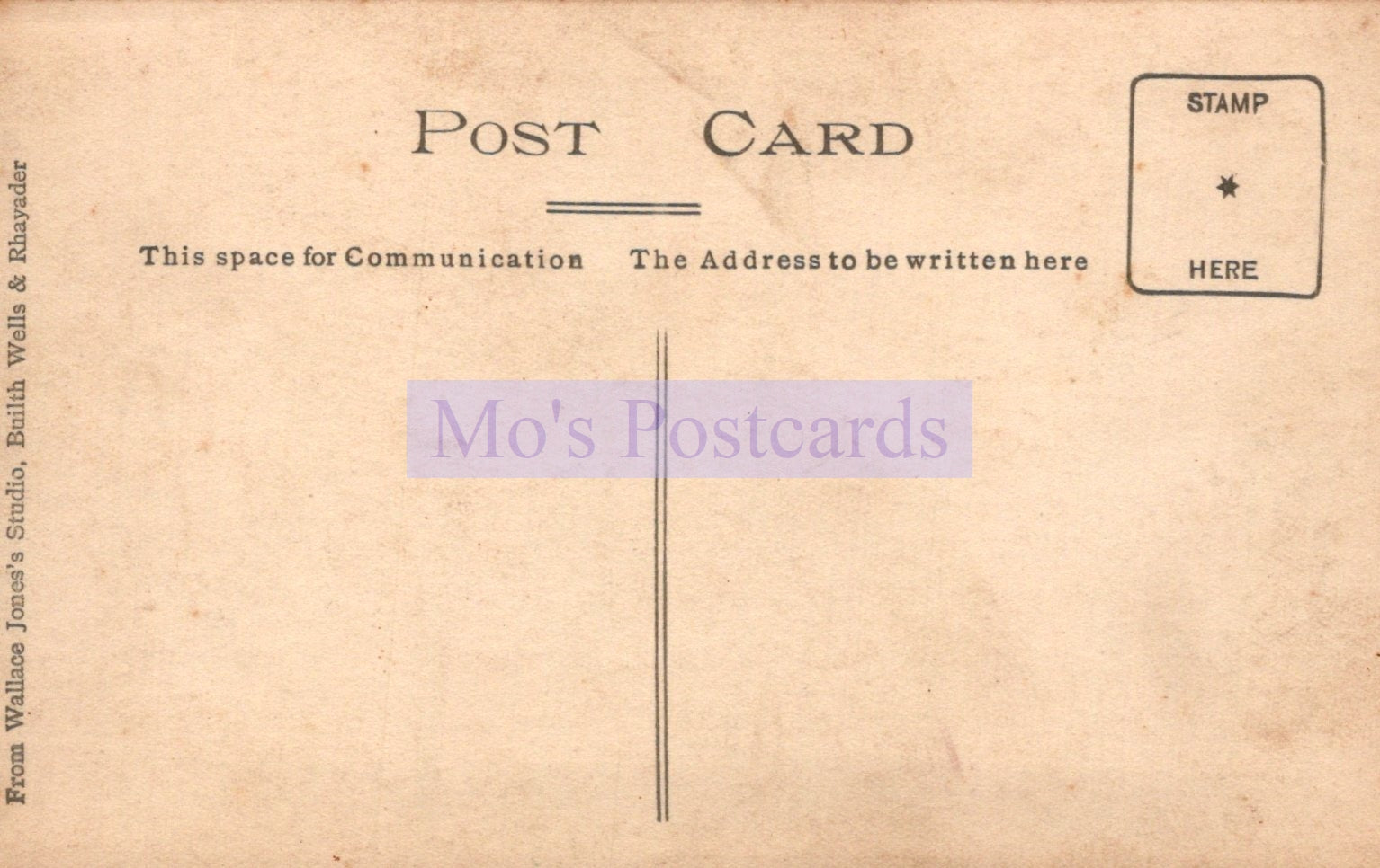 Vintage postcard with text and a stamp area, featuring the brand 'Mo's Postcards'.
