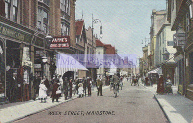 Vintage street scene of Week Street, Maidstone with pedestrians and cyclists.