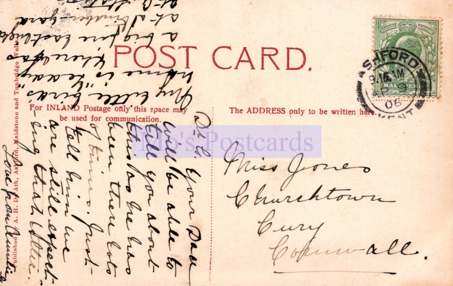 Vintage postcard with handwritten text and a stamp, featuring the word 'POSTCARD'.