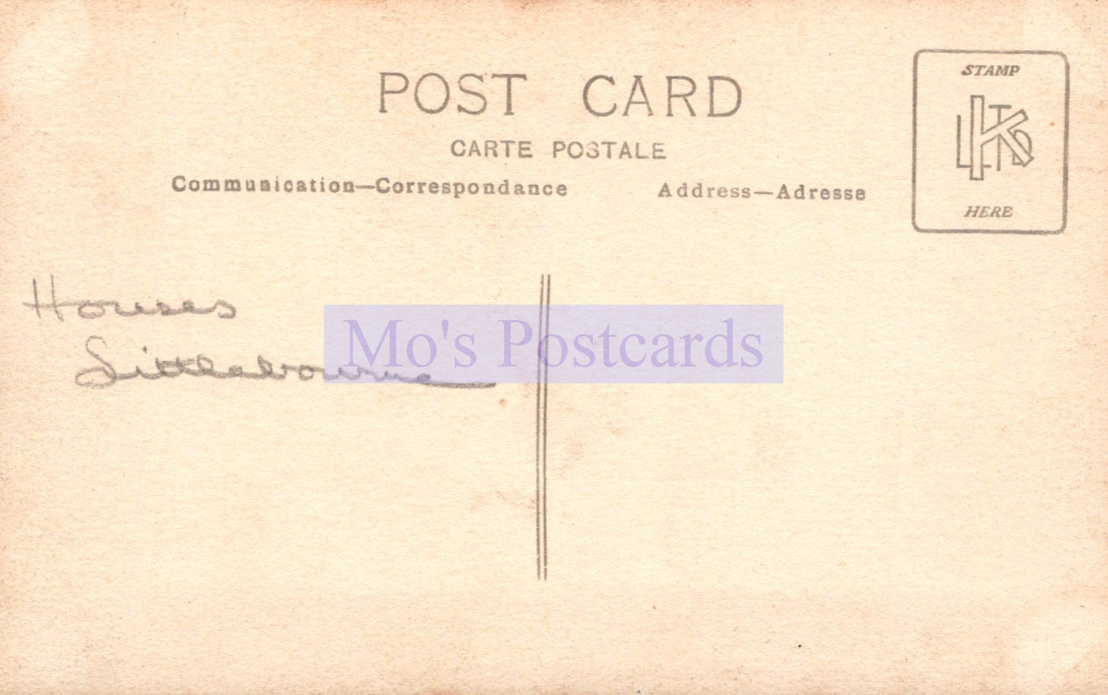 Back of a vintage postcard with 'Mo's Postcards' branding.