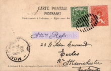 Load image into Gallery viewer, Vintage postcard with stamps and postal markings on a beige background
