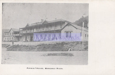 Vintage black and white photo of a large house on the Wanganui River with 'Moly Postcards' watermark.
