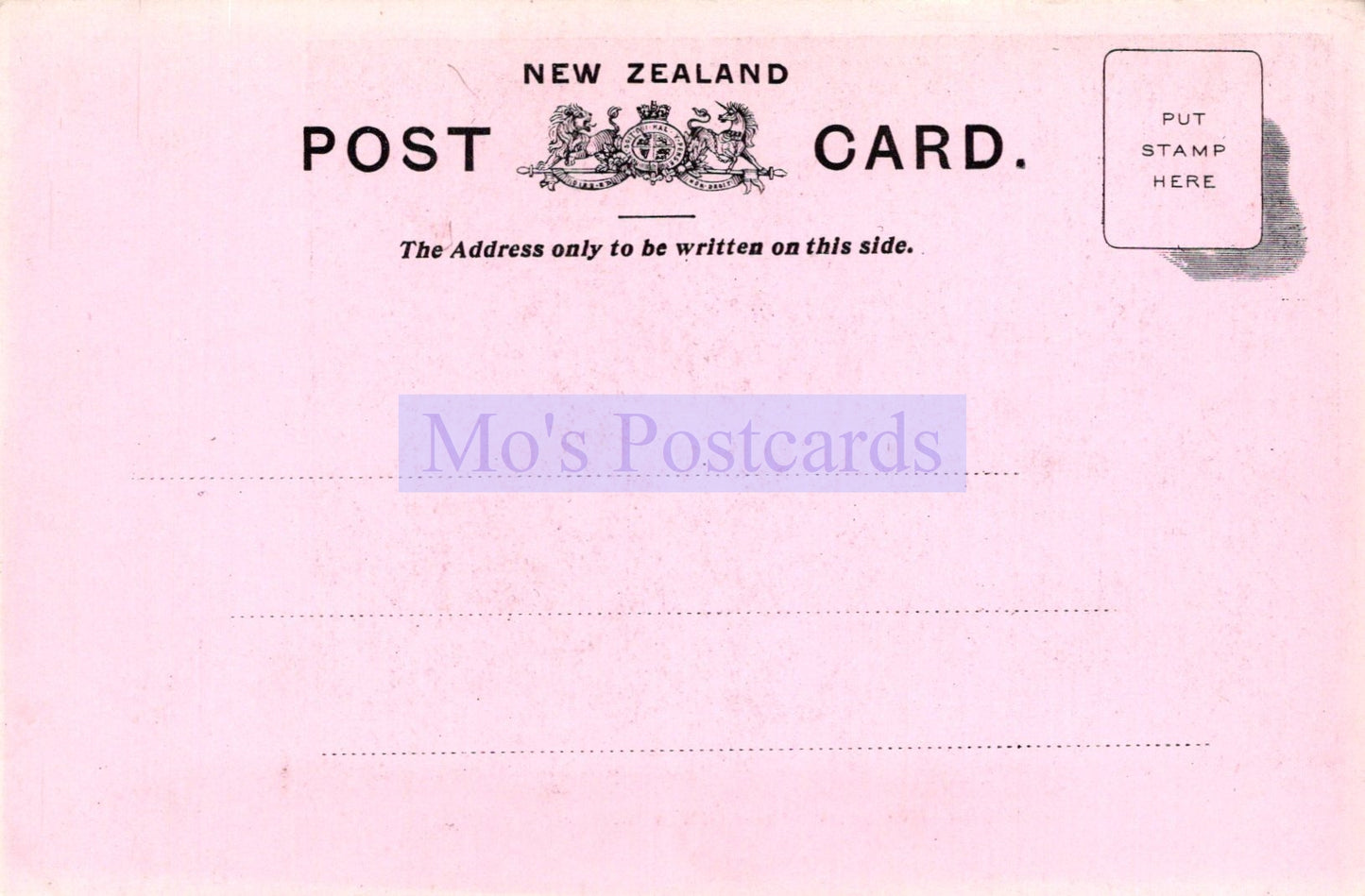 Pink New Zealand postcard with text and a stamp area.