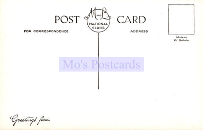Vintage postcard with 'Mo's Postcards' branding and text on a light background