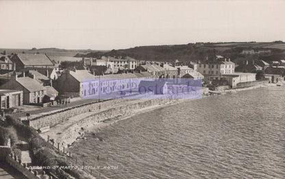 Vintage black and white photo of a coastal town with buildings and a seafront.