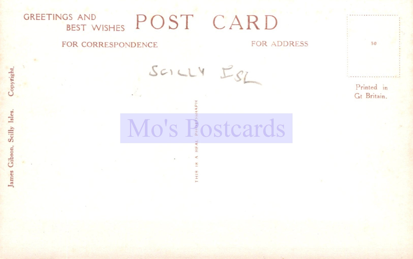 Vintage postcard with 'Mo's Postcards' branding and text on a light background