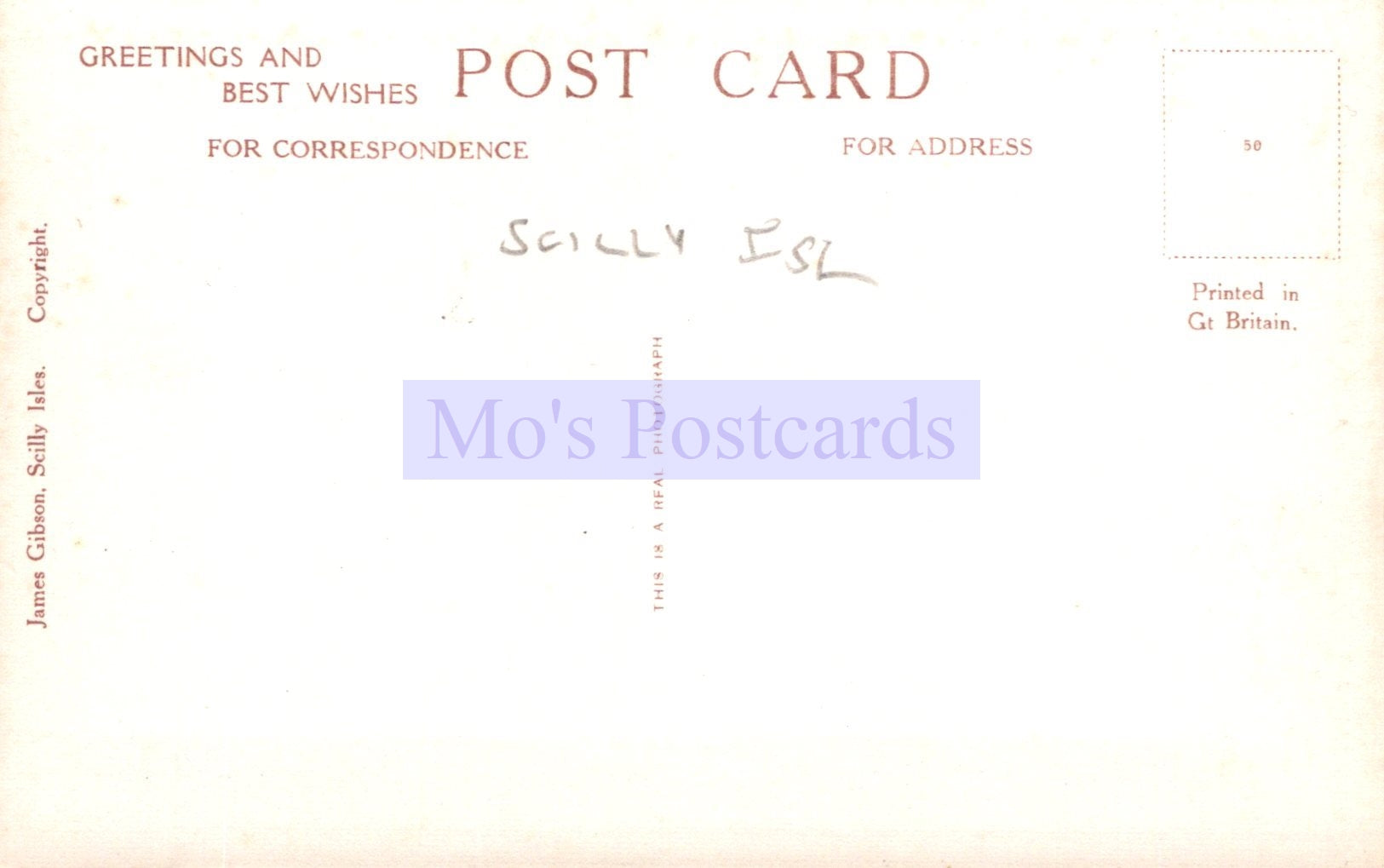 Vintage postcard with 'Mo's Postcards' branding and text on a light background