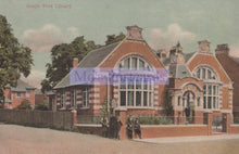 Load image into Gallery viewer, Vintage postcard of a brick building labeled &#39;Grays Free Library&#39; with trees and people in front.
