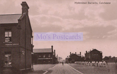 Vintage black and white photo of Hyderabad Barracks with 'Mo's Postcards' text overlay.