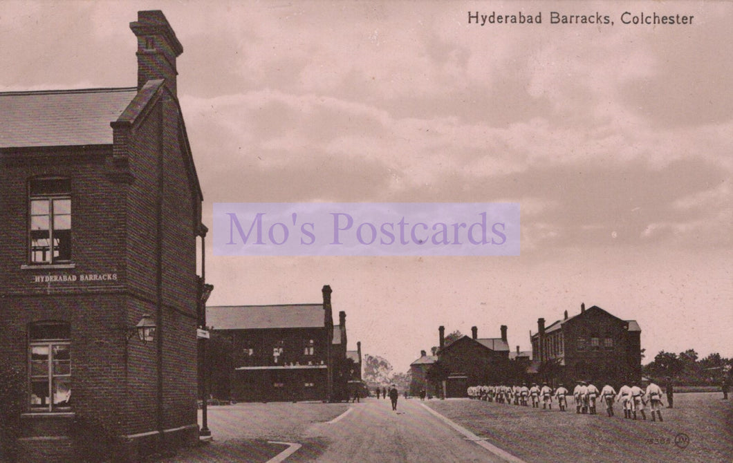Vintage black and white photo of Hyderabad Barracks with 'Mo's Postcards' text overlay.