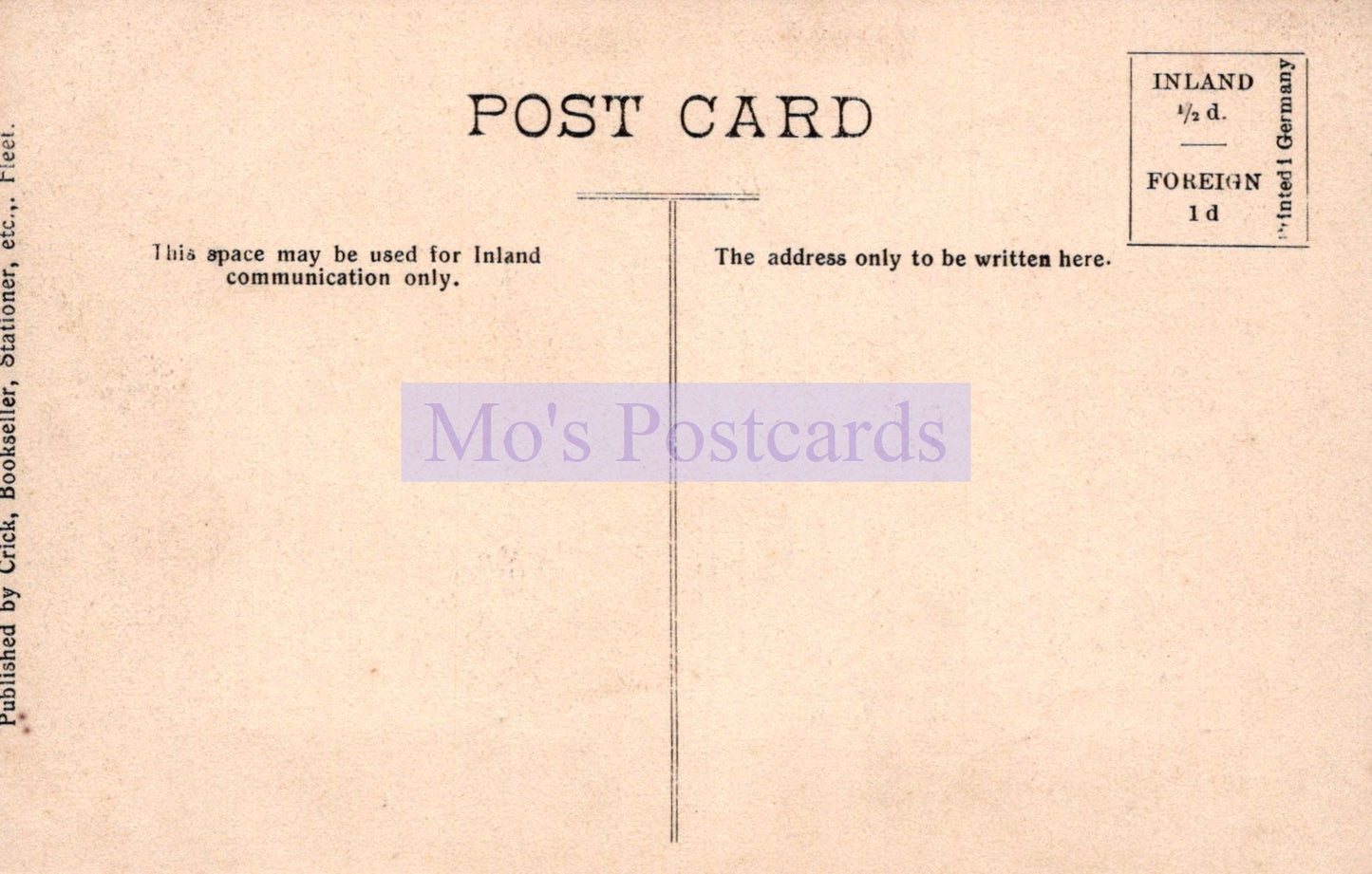Vintage postcard with text and a flag design, featuring 'Mo's Postcards' branding.