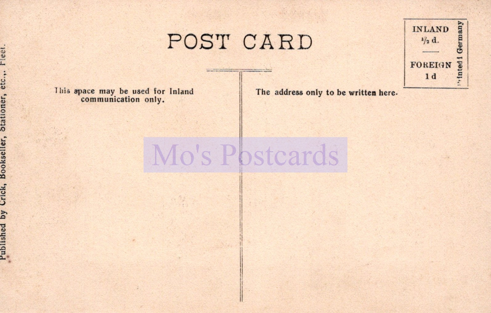Vintage postcard with text and a flag design, featuring 'Mo's Postcards' branding.