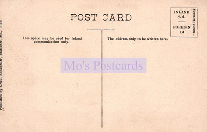 Vintage postcard with text and a flag design, featuring 'Mo's Postcards' branding.