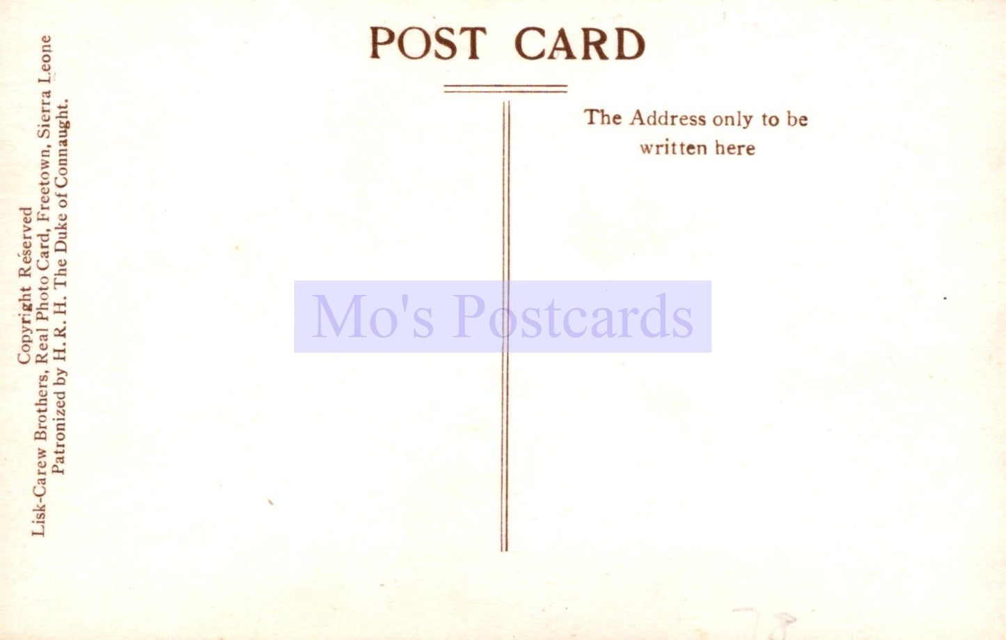 Vintage postcard with 'Mo's Postcards' branding on a beige background