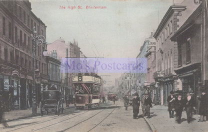 Vintage street scene with a tram and pedestrians on The High St, Cheltenham.