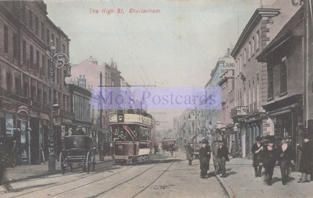 Vintage street scene with a tram and pedestrians on The High St, Cheltenham.