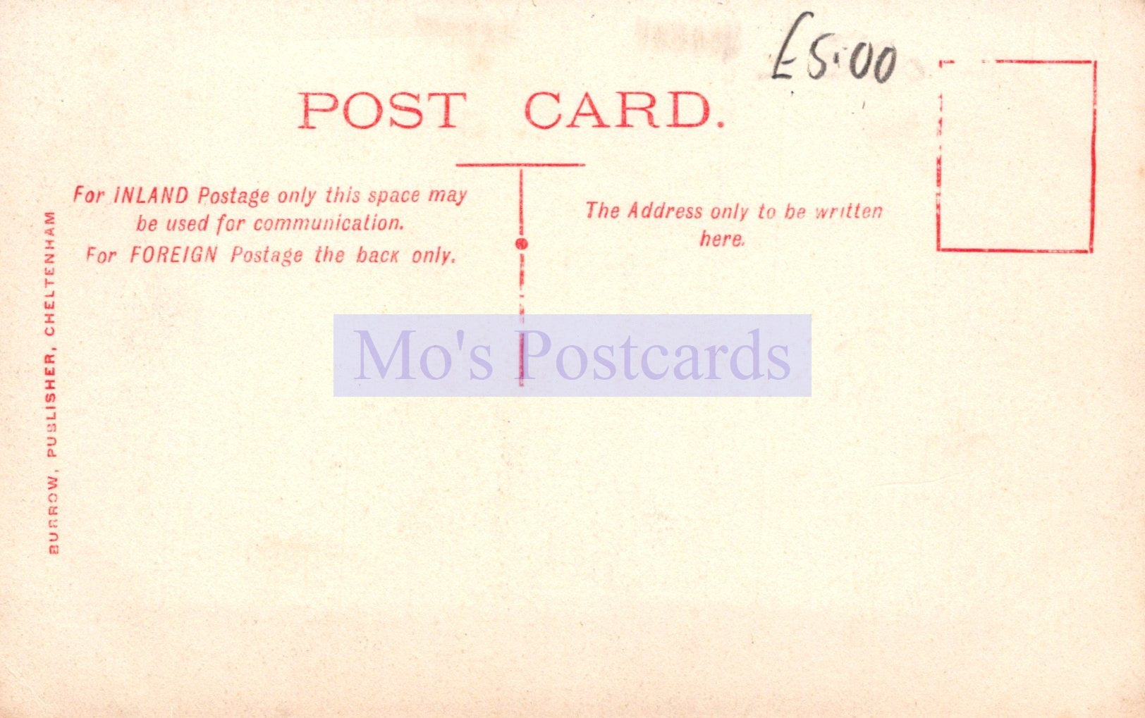 Vintage-style postcard with 'Mo's Postcards' branding on a light pink background