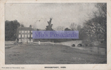 Vintage postcard of a house with a bridge and garden, featuring 'Mo's Postcards' branding.