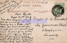 Load image into Gallery viewer, Vintage postcard with handwritten text and a stamp, featuring a message from a student to a teacher.
