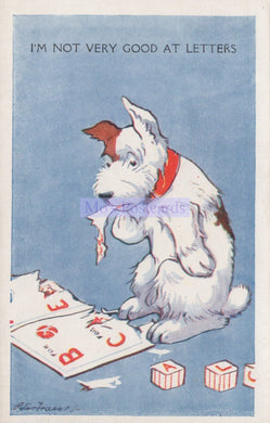 Vintage-style illustration of a dog with letters and numbers on a blue background