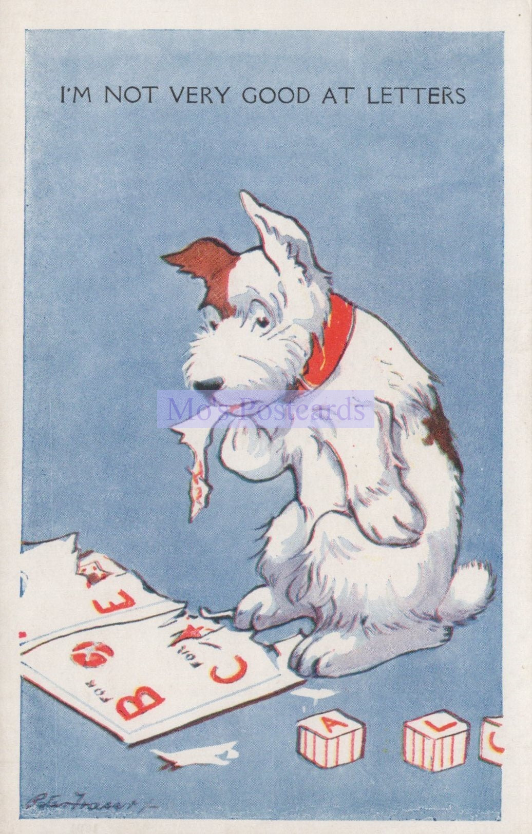 Vintage-style illustration of a dog with letters and numbers on a blue background
