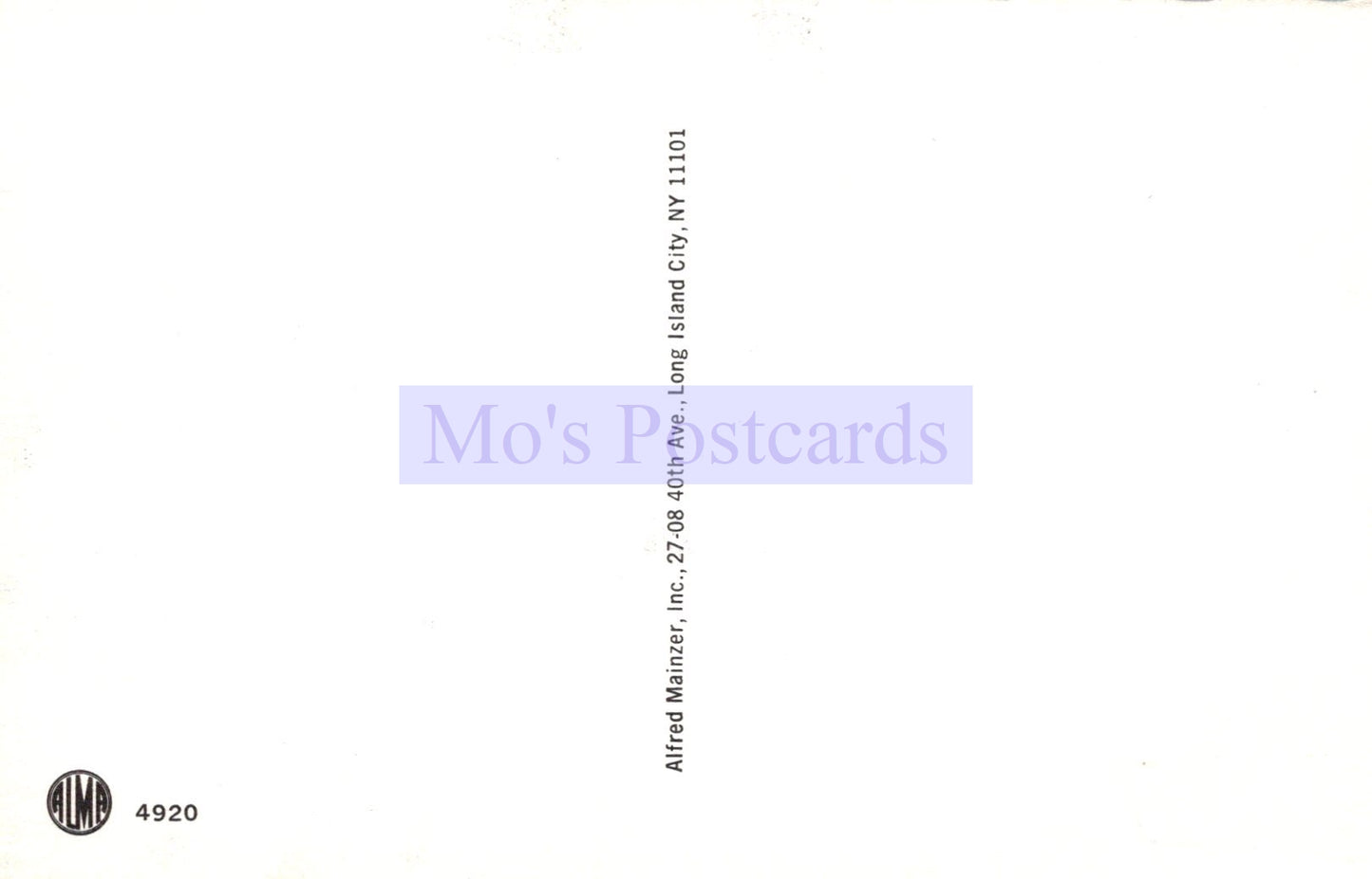 Back of a postcard with 'Mo's Postcards' branding and address information.