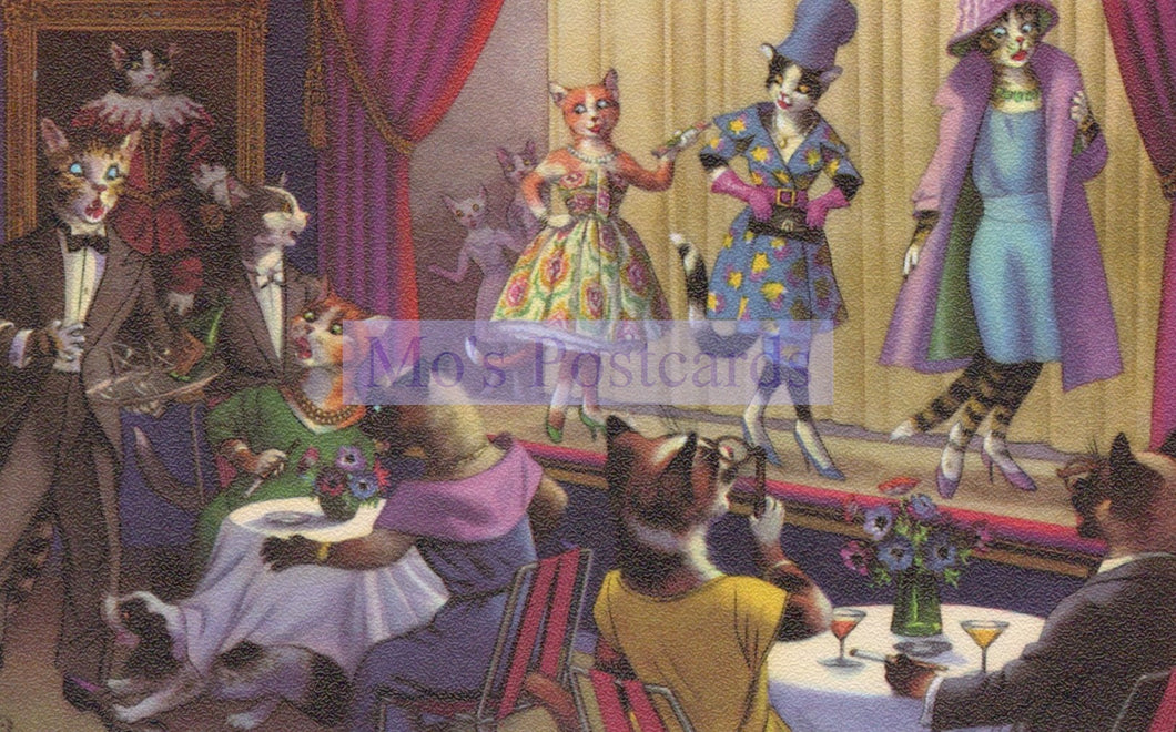 Illustration of anthropomorphic cats in formal attire at a party.