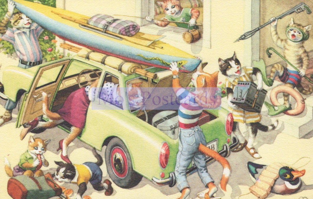 Illustration of cats preparing for a trip with a car, luggage, and surfboards.