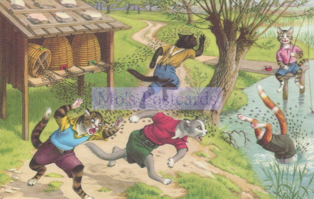 Illustration of cats in a garden with a beehive and a pond.